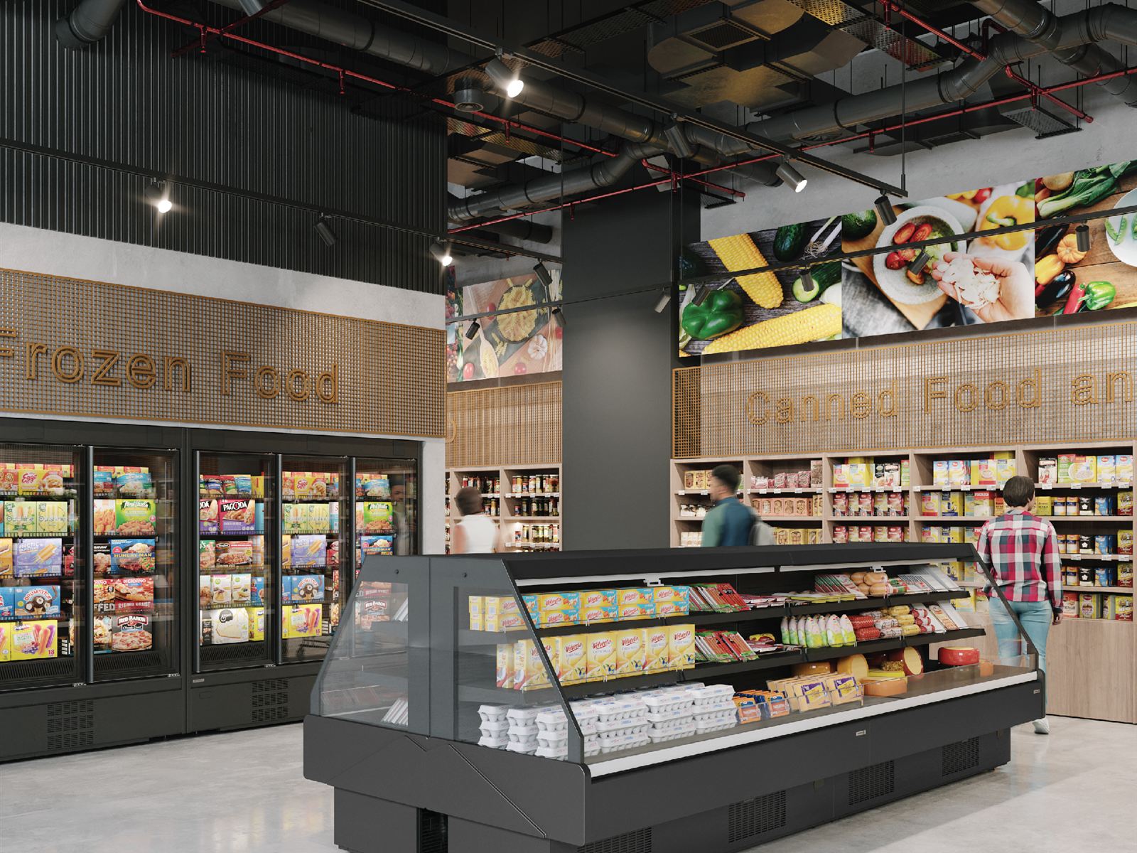 Modern supermarket interior with refrigerated display cases and frozen-food doors