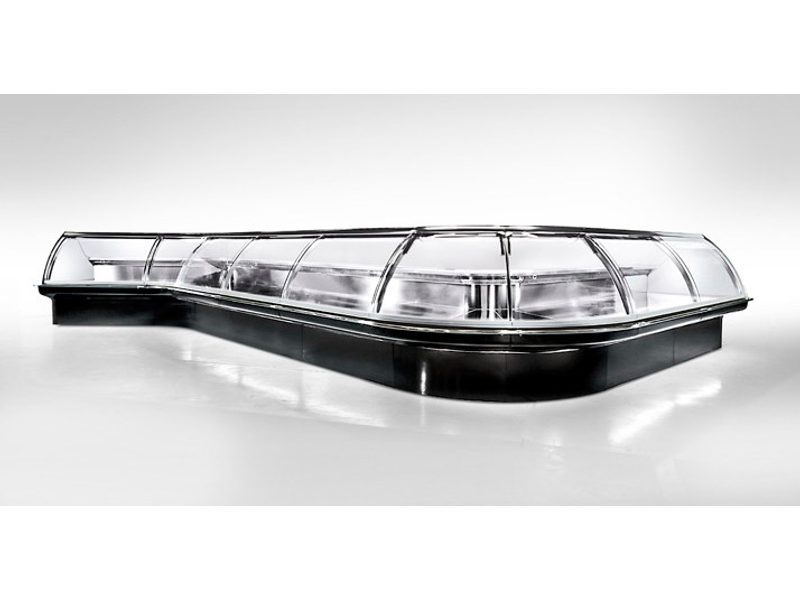 Curved-glass display case from a matched flexible case family