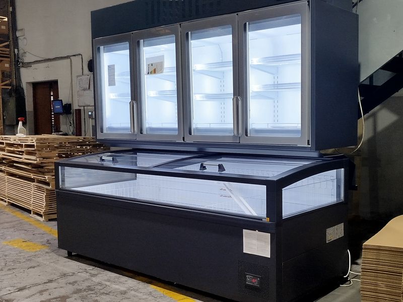 Self-contained glass-top freezer island modules ready for dispatch